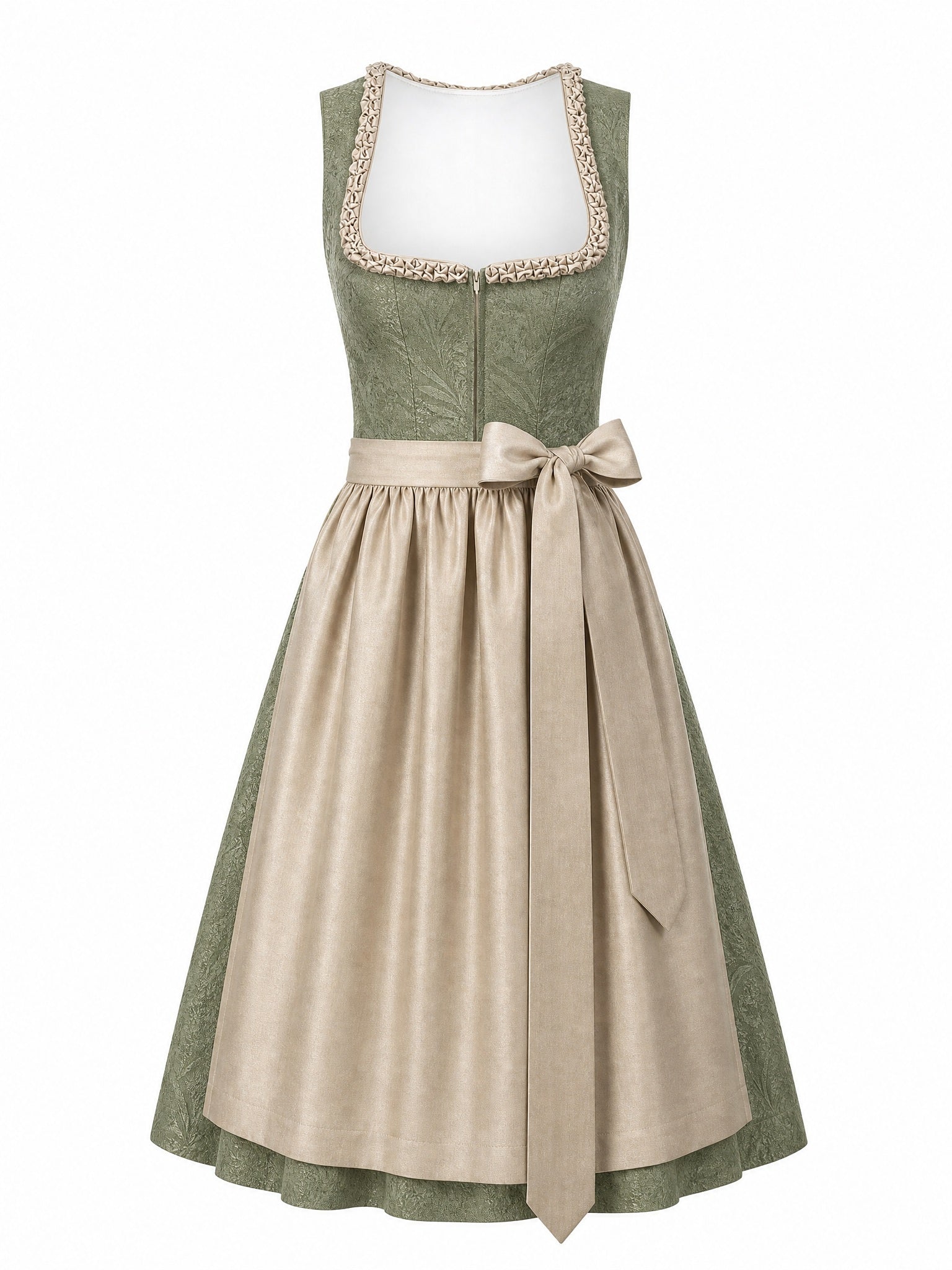 Dirndl Carla in Moosgrün mit Warmer Sand Schürze - Vorderansicht