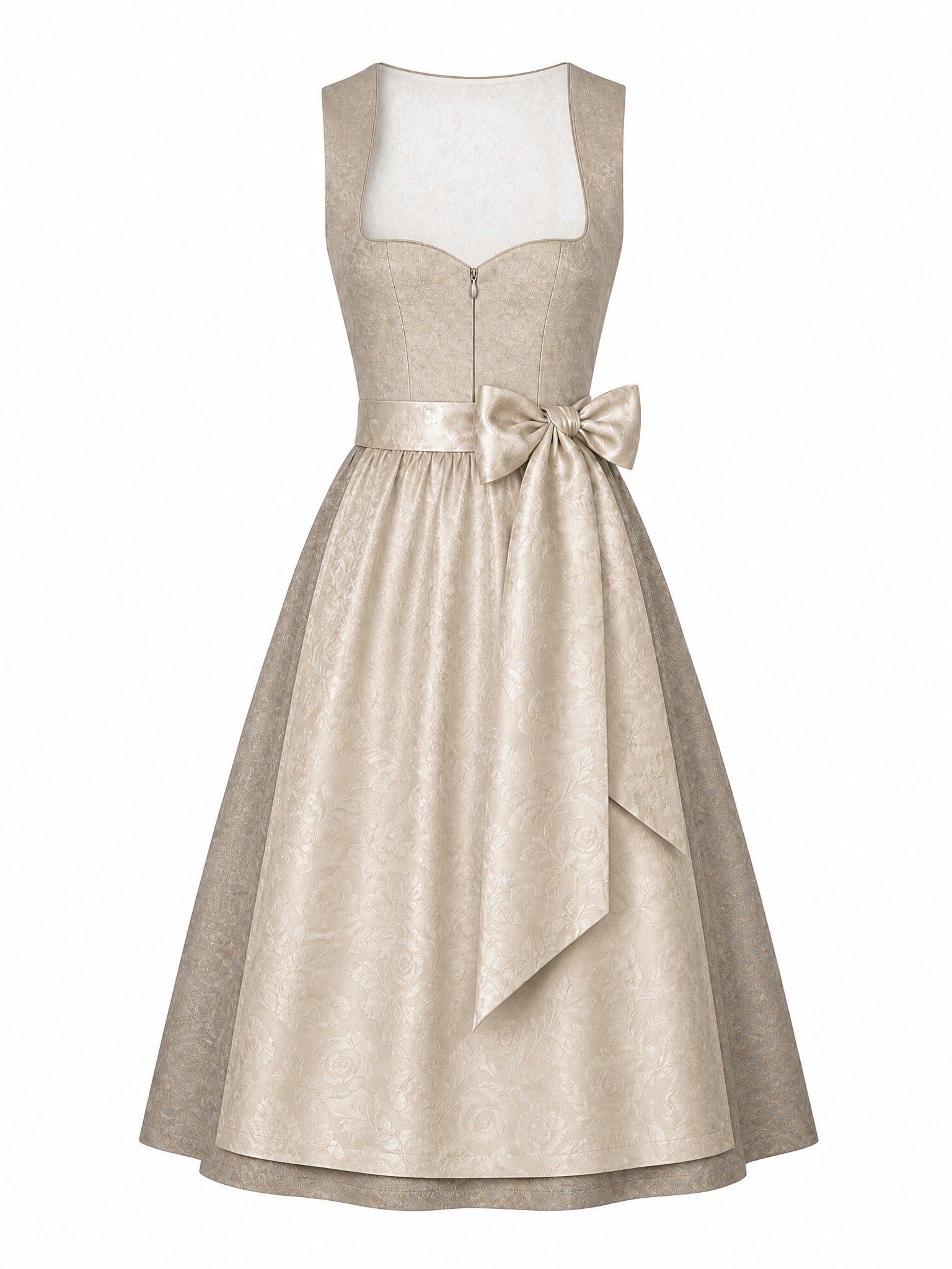 Dirndl Mara in Beigegrau mit Champagner Schürze - Vorderansicht