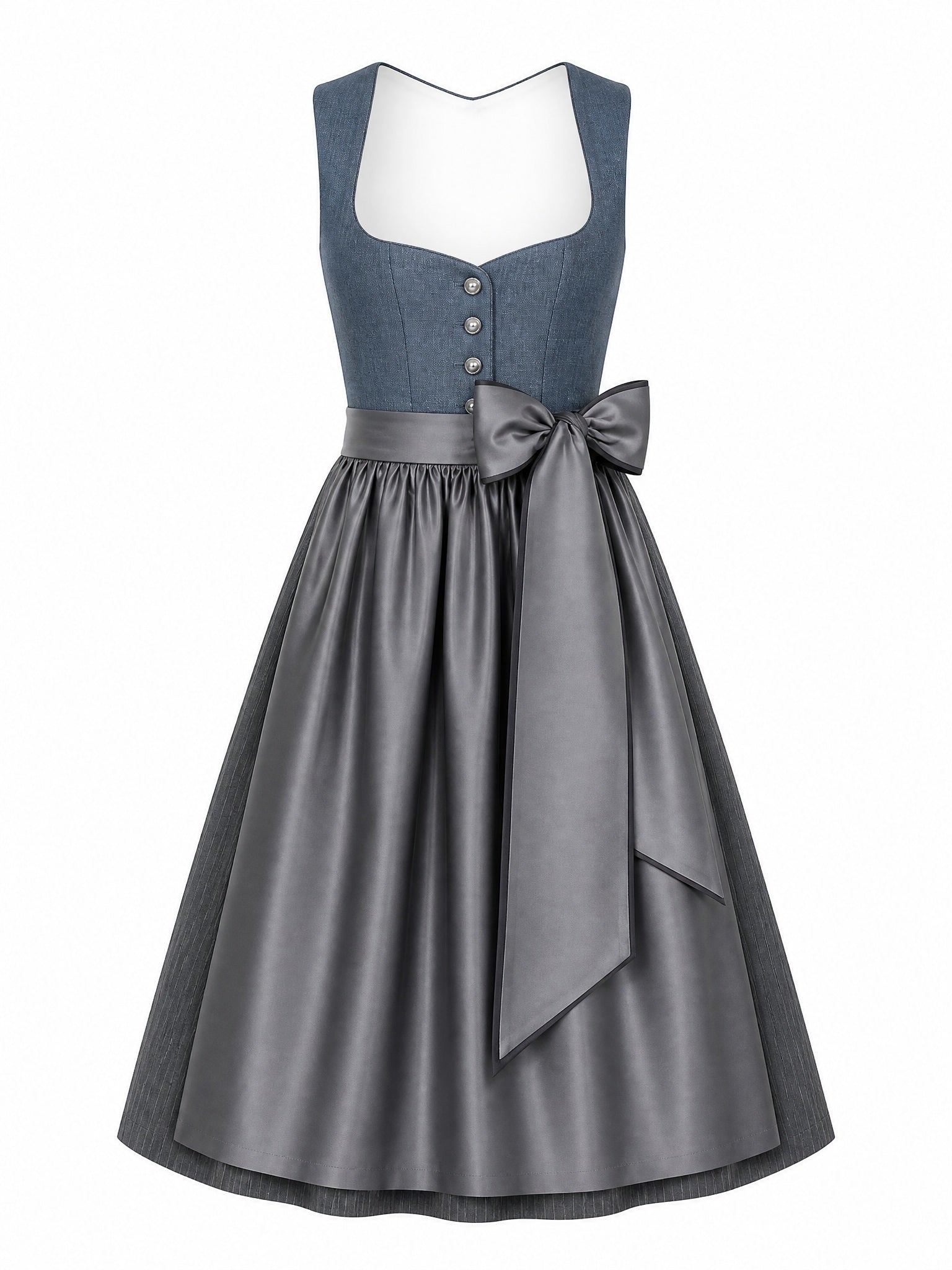 Dirndl Bella in Stahlblau mit Sturmgrau Schürze - Vorderansicht