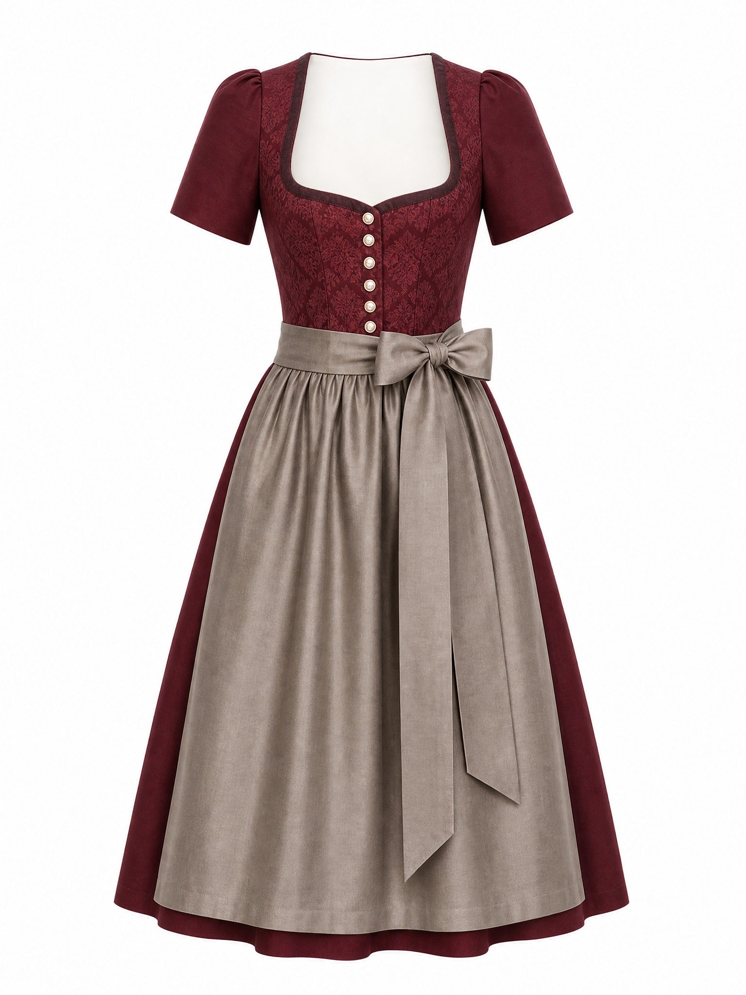 Dirndl Felicia in Weinrot mit Taupe Schürze - Vorderansicht